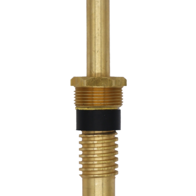 Bright brass stem with brass washer bonnet nut and screw with black rubber packing.