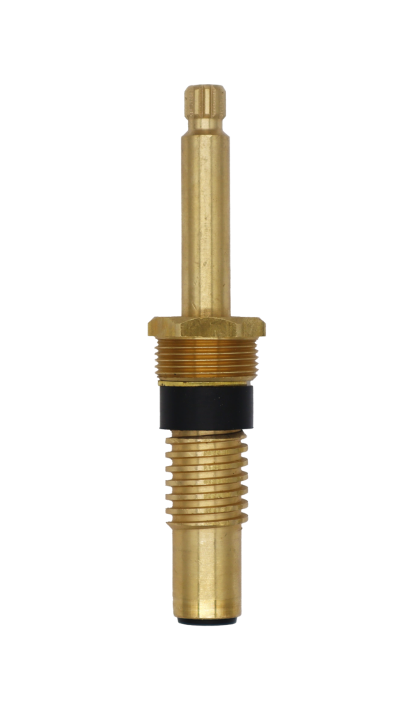 Bright brass stem with brass washer bonnet nut and screw with black rubber packing.