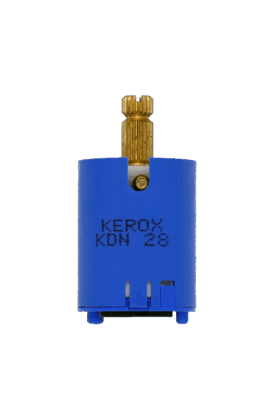 Blue plastic cartridge with bright brass stem and black rubber bottom seals.