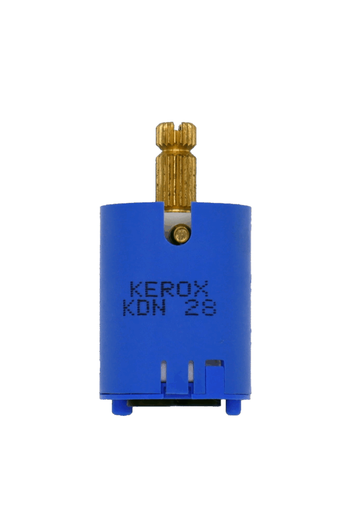 Blue plastic cartridge with bright brass stem and black rubber bottom seals.