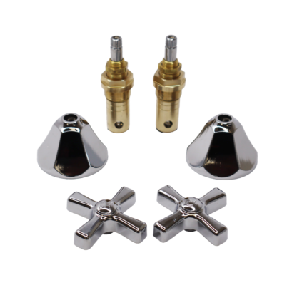 Polished chrome handles and escutcheons with bright brass stems.