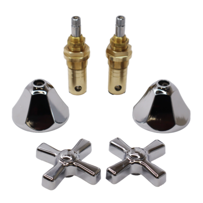 Polished chrome handles and escutcheons with bright brass stems.