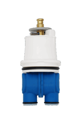 Blue and white plastic cartridge with grey limit stop brass handle connection and black rubber o-rings.