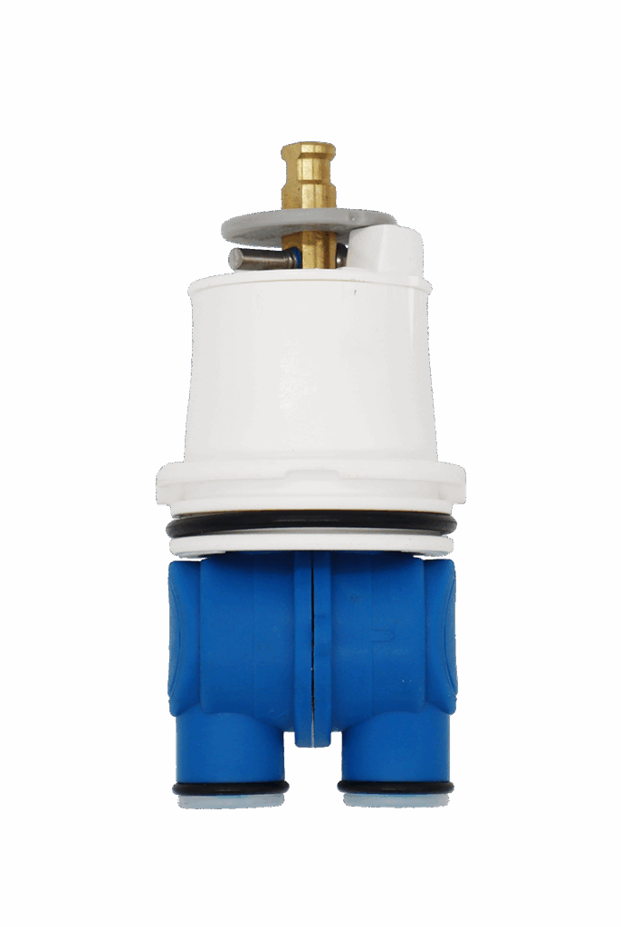 Blue and white plastic cartridge with grey limit stop brass handle connection and black rubber o-rings.