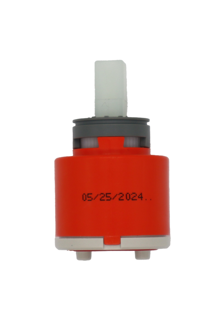 Bright oranged plastic cartridge with grey limit stop white square handle connection with grey bottom with red seal.