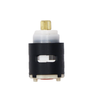 Black plastic cartridge with white limit stop brass stem white ceramic discs and red rubber seal.