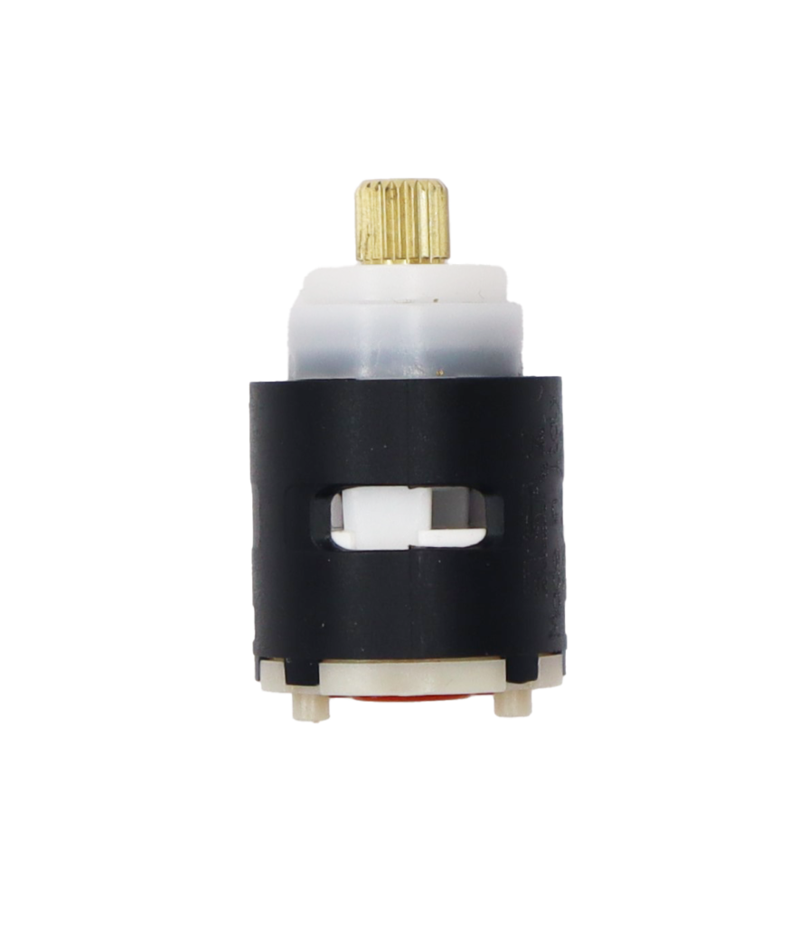 Black plastic cartridge with white limit stop brass stem white ceramic discs and red rubber seal.