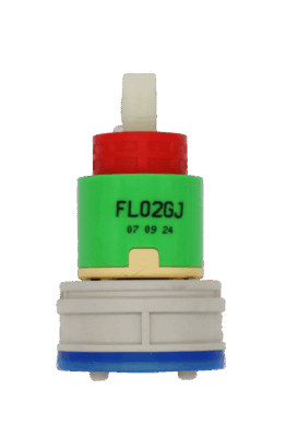 Green plastic cartridge with red limit stop white square handle connection with grey and blue bottom balancer.
