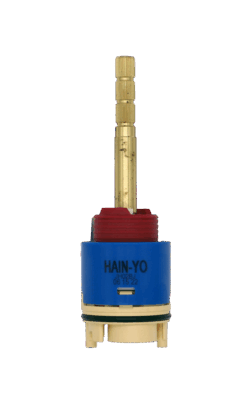 Blue and tan faucet cartridge with red limit stop brass stem black rubber o-ring and blue rubber bottom seals.