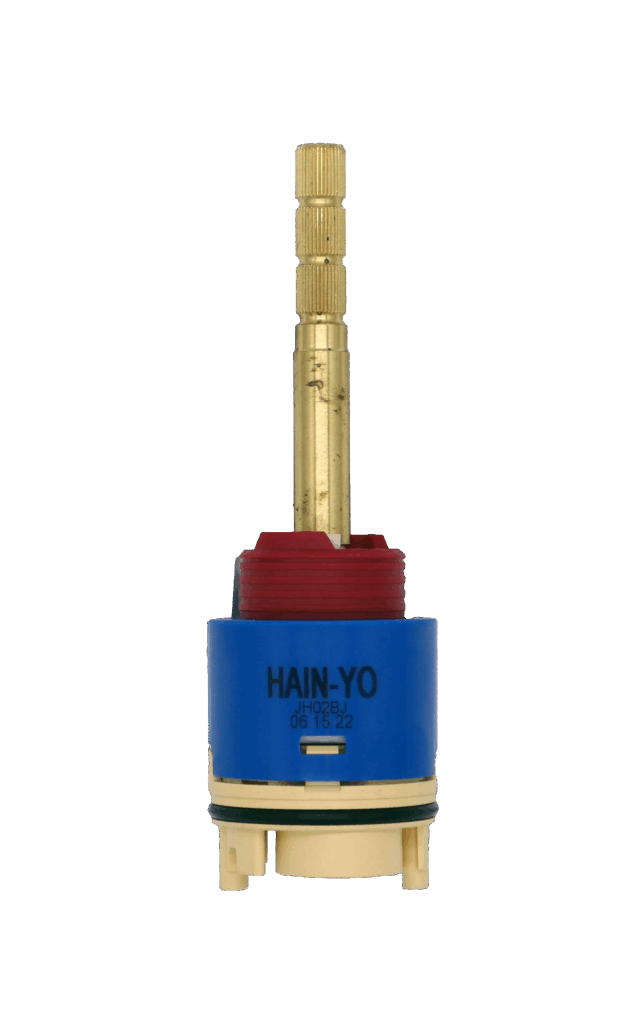 Blue and tan faucet cartridge with red limit stop brass stem black rubber o-ring and blue rubber bottom seals.