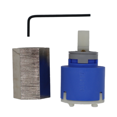 Blue and white plastic cartridge with grey limit stop square handle connection red rubber seals with grey and black removal tools.