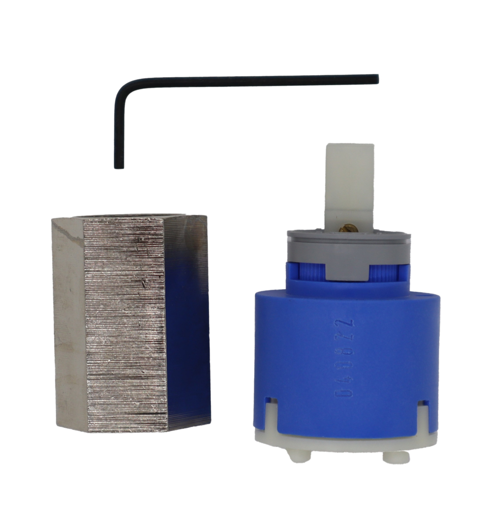 Blue and white plastic cartridge with grey limit stop square handle connection red rubber seals with grey and black removal tools.