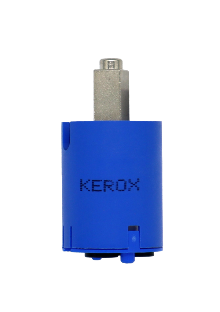 Bright blue plastic cartridge kerox printed on body with stainless square handle connection and black rubber seals on the bottom.