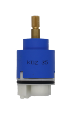 Blue and white plastic cartridge with brass stem black rubber o-ring and black rubber seals.