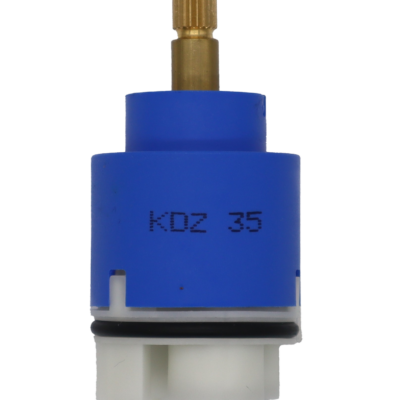 Blue and white plastic cartridge with brass stem black rubber o-ring and black rubber seals.