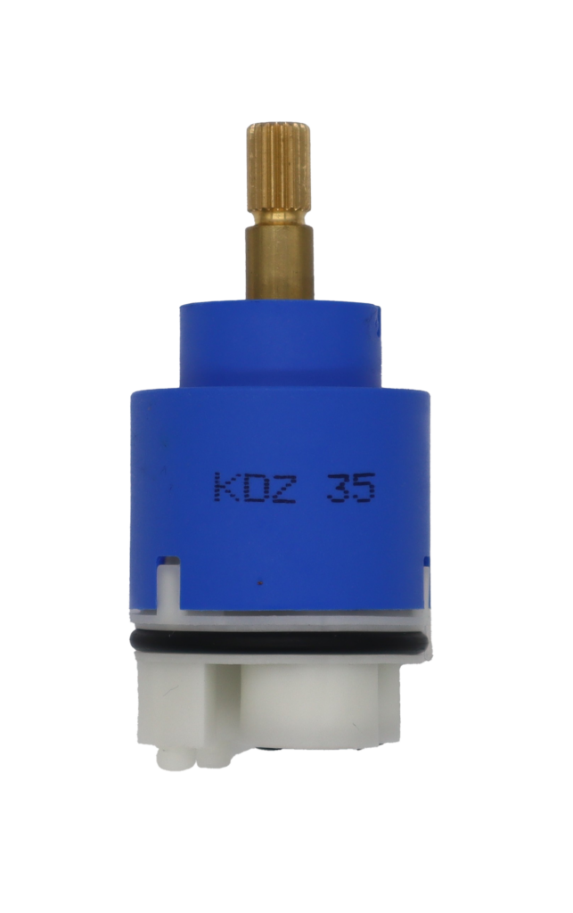 Blue and white plastic cartridge with brass stem black rubber o-ring and black rubber seals.