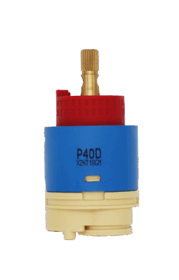 Blue plastic cartridge with red limit stop brass stem tan bottom and black rubber seals.