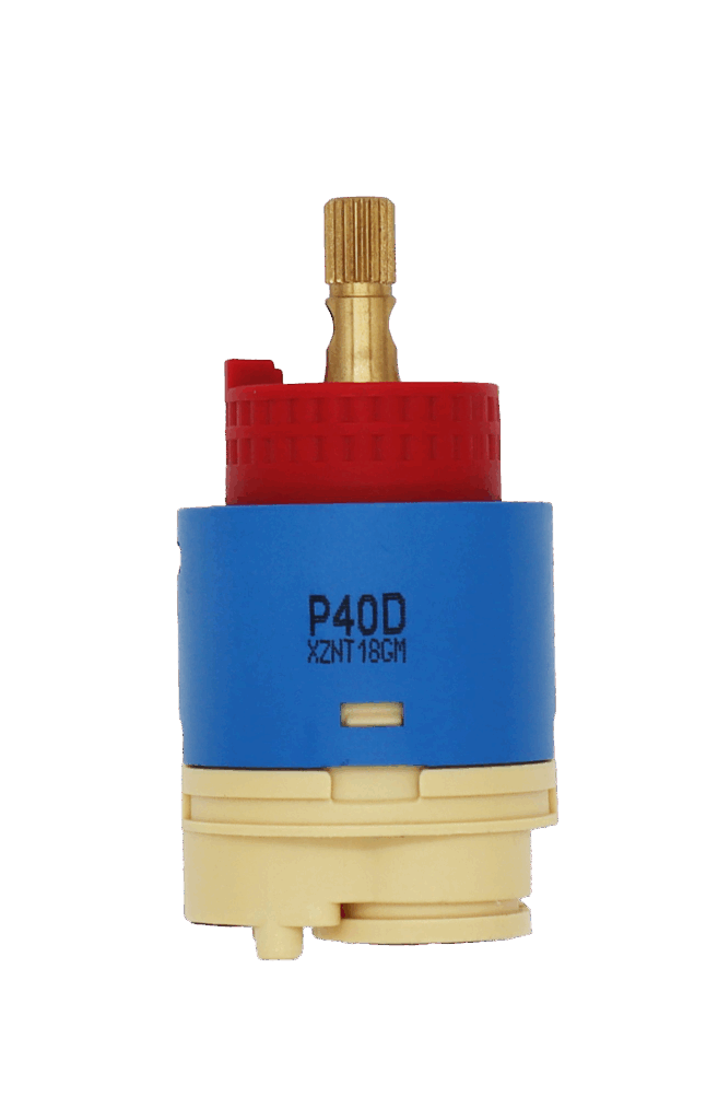 Blue plastic cartridge with red limit stop brass stem tan bottom and black rubber seals.