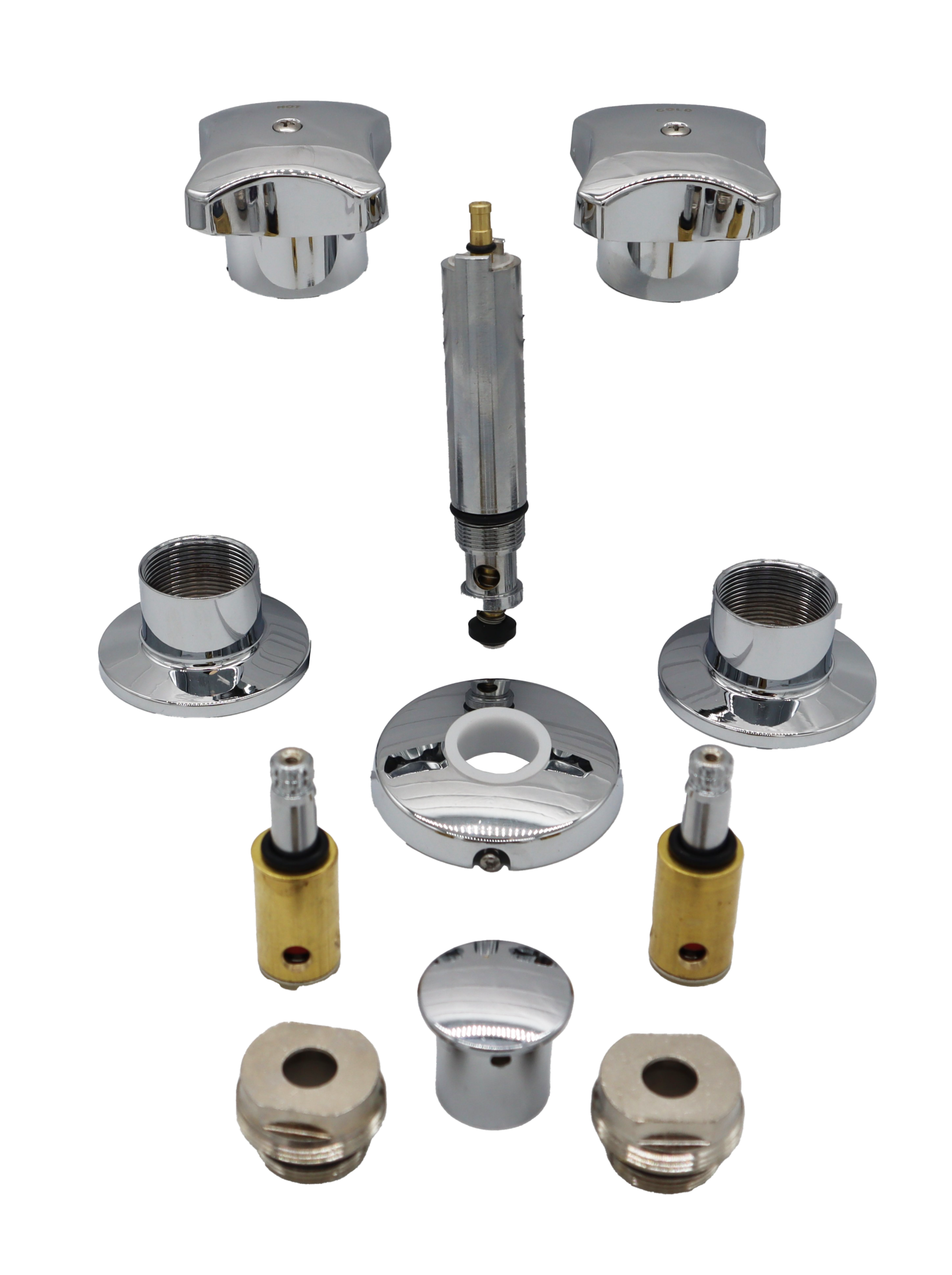 Polished chrome handles diverter escutcheons brass stems and stainless nuts.