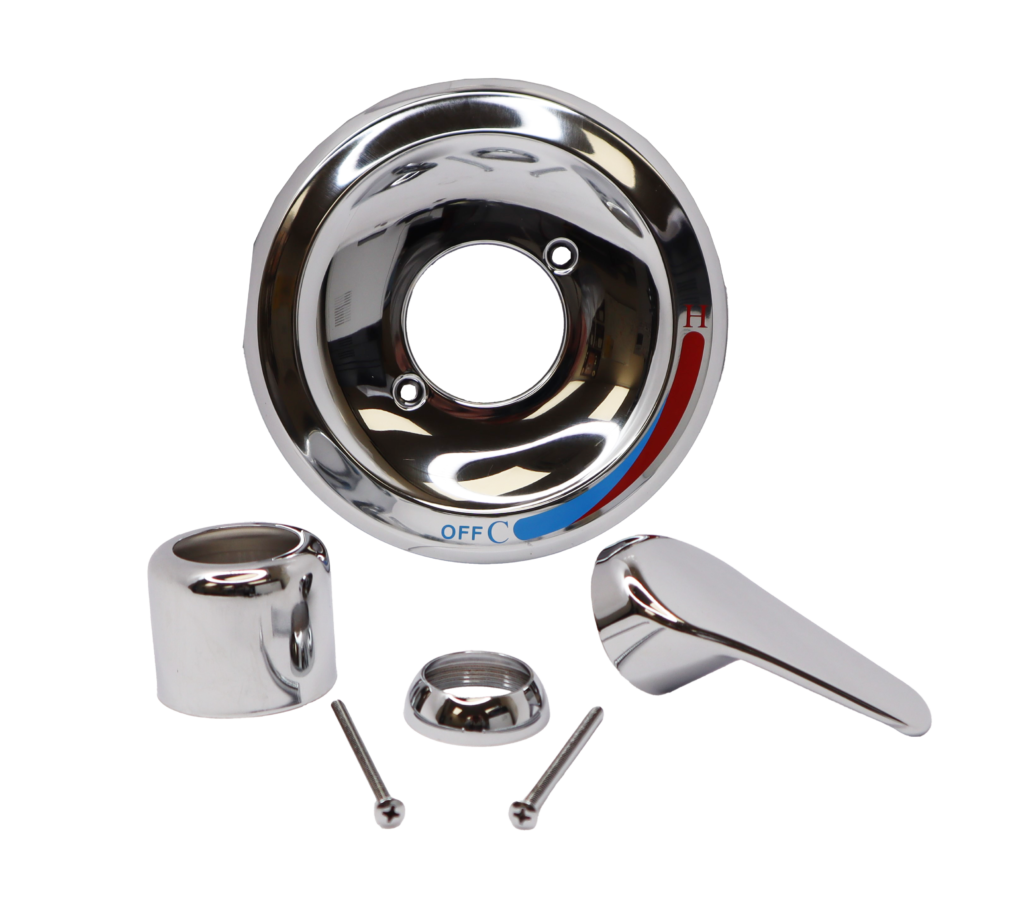 Polished chrome escutcheon handle sleeve and nut with stainless screws and red and blue dial selections.