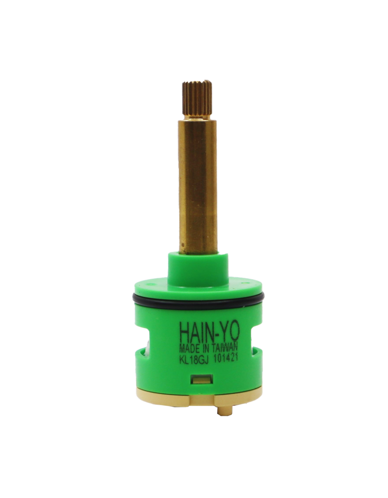 Lime green and tan cartridge with brass stem black rubber o-ring and blue rubber seal.