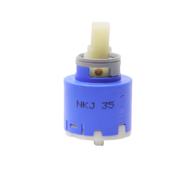 Bright blue plastic cartridge with nkj 35 printed in black grey limit stop white square handle connection white bottom black rubber seals.