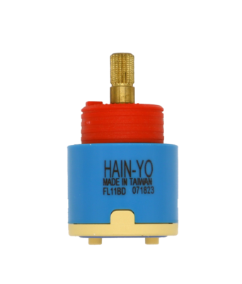 Blue plastic cartridge with red limit stop brass stem tand bottom with blue seal.