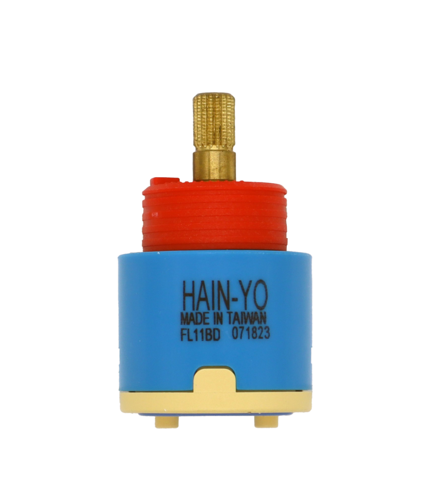 Blue plastic cartridge with red limit stop brass stem tand bottom with blue seal.