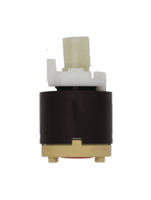 Brown and tan plastic cartridge with white limit stop square plastic handle connection and red rubber seal.