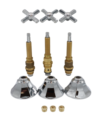Polished chrome handles and escutcheons with bright brass stems with black rubber washers and brass faucet seats.