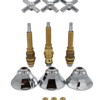 Polished chrome handles and escutcheons with bright brass stems with black rubber washers and brass faucet seats.