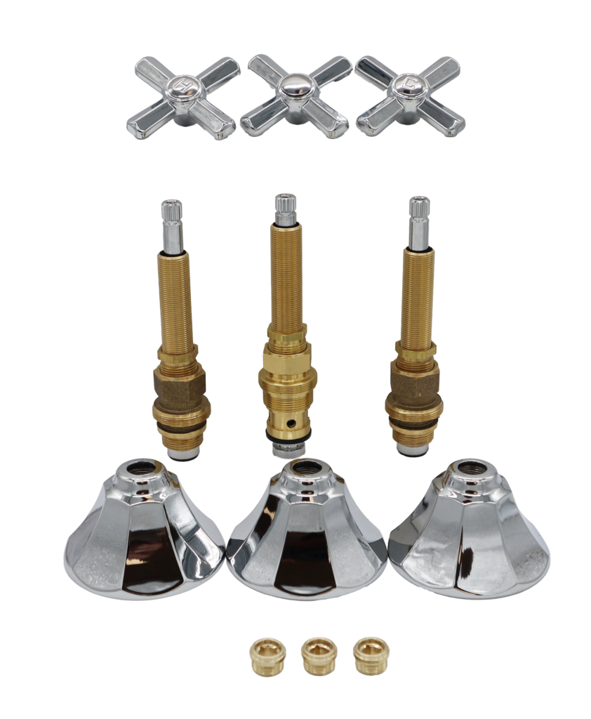 Polished chrome handles and escutcheons with bright brass stems with black rubber washers and brass faucet seats.