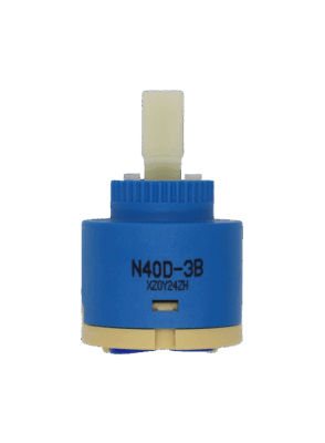 Blue and tan cartridge with white plastic handle connection and blue rubber seals.