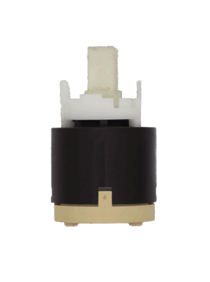 Brown and tan plastic cartridge with white square handle white limit stop and red rubber seal.