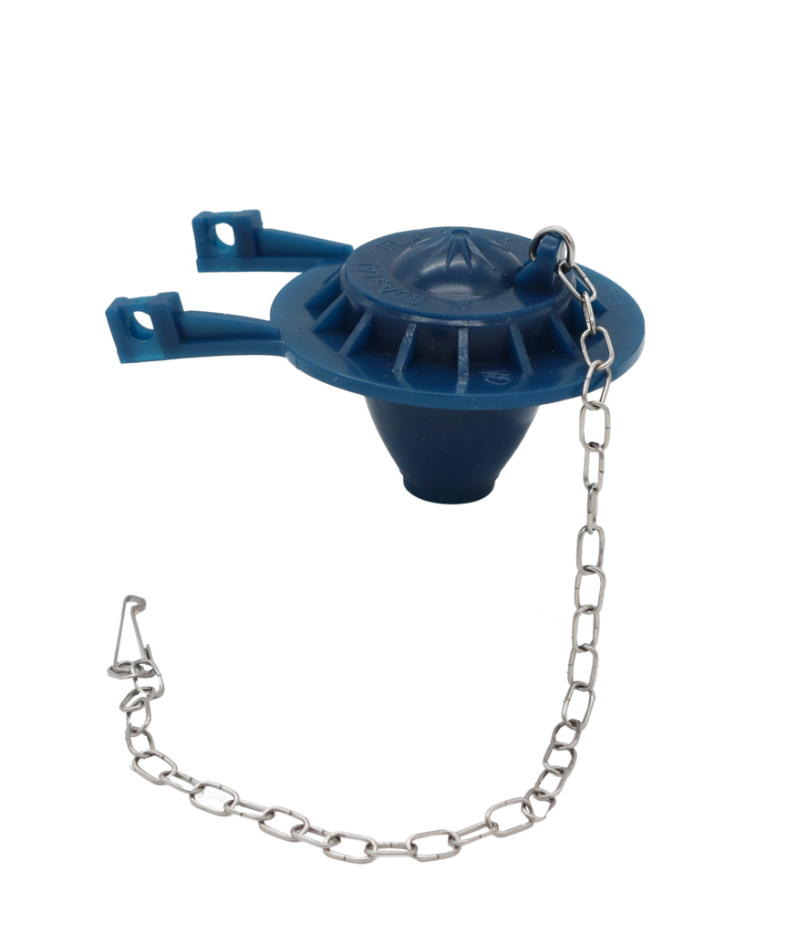 Bright dark blue rubber flapper with stainless chain.