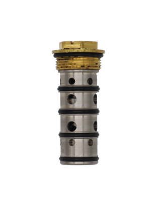 Stainless spool assembly with bright brass screw top and black rubber orings.