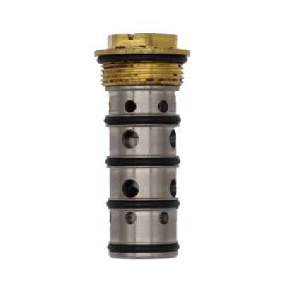 Stainless spool assembly with bright brass screw top and black rubber orings.