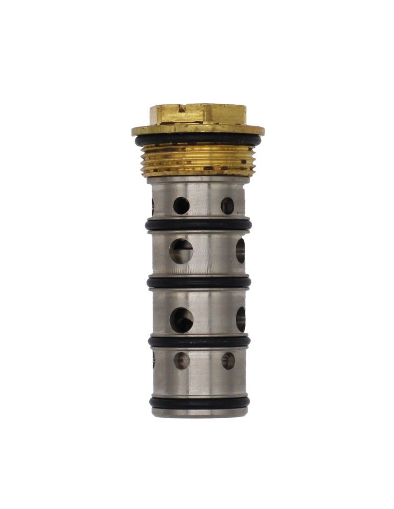 Stainless spool assembly with bright brass screw top and black rubber orings.