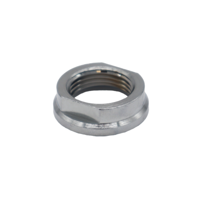 Polished chrome lock nut with internal threads.