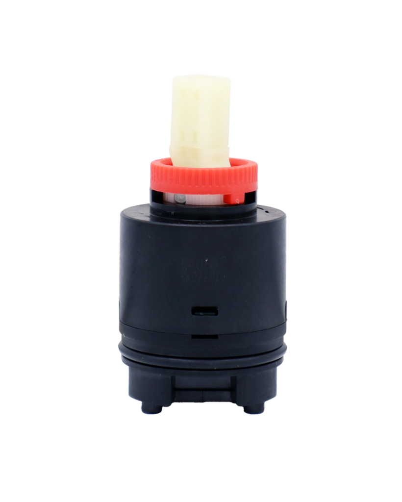 Black plastic cartridge body with red limit stop white square handle connection and black bottom seals.