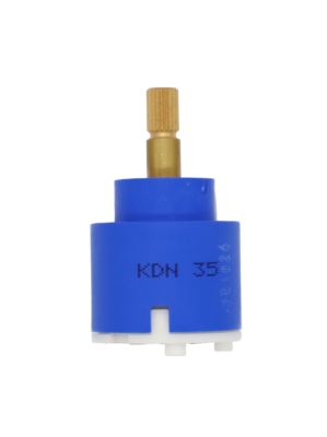 Blue and white plastic cartridge with brass handle connection red rubber seals and 2 alignment pegs.