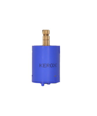 Blue plastic cartridge with brass stem and black rubber seals.