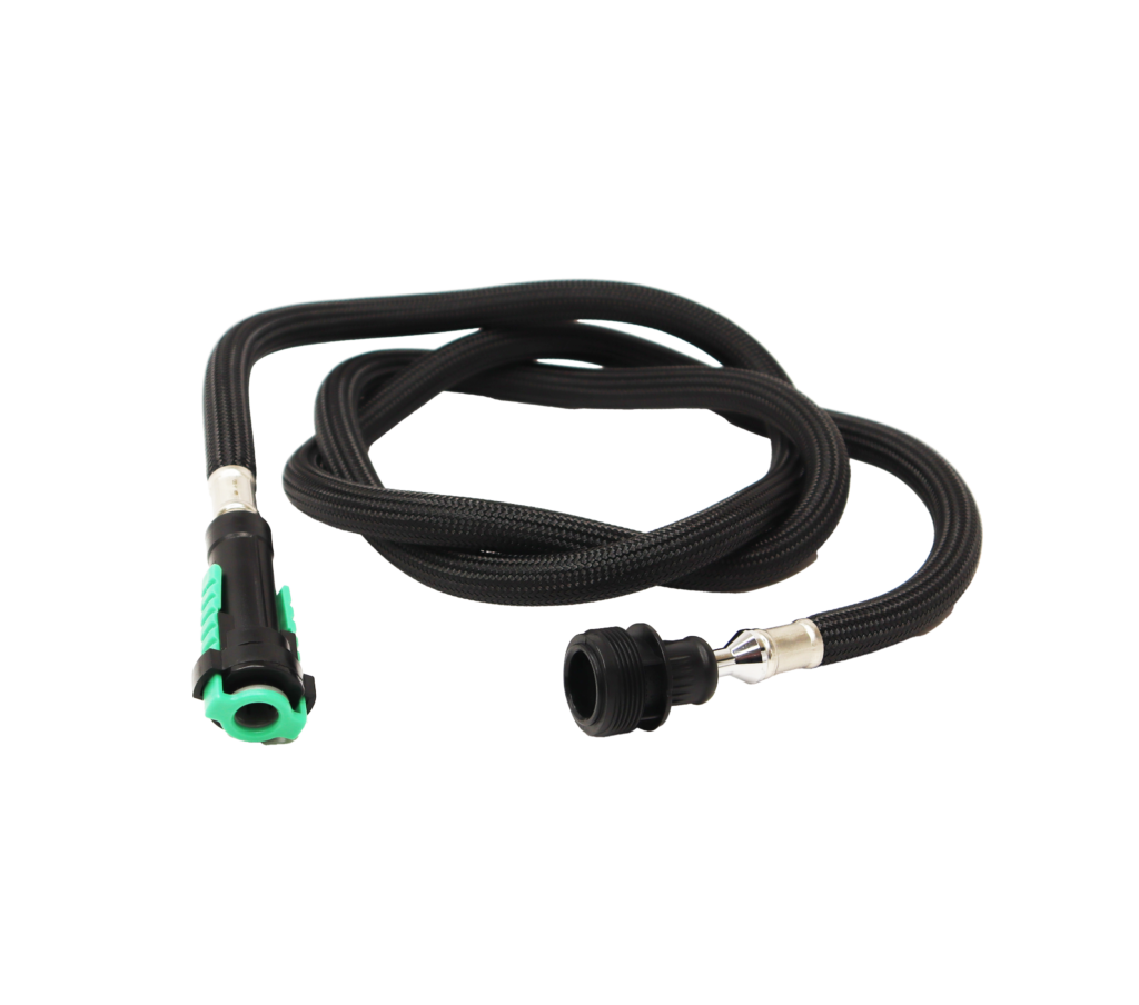 Black braided nylon hose with black plastic spray head connection and black and green quick connect faucet connection.