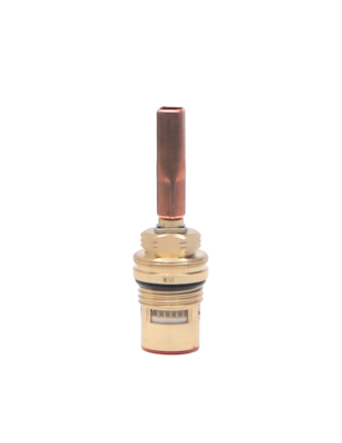 Bright brass cartridge with square copper handle connection black o-ring white ceramic discs and red bottom seal.