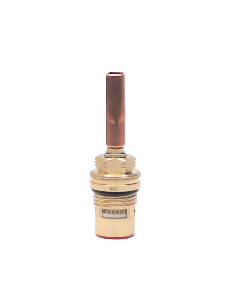 Bright brass cartridge with square copper handle connection black o-ring white ceramic discs and red bottom seal.