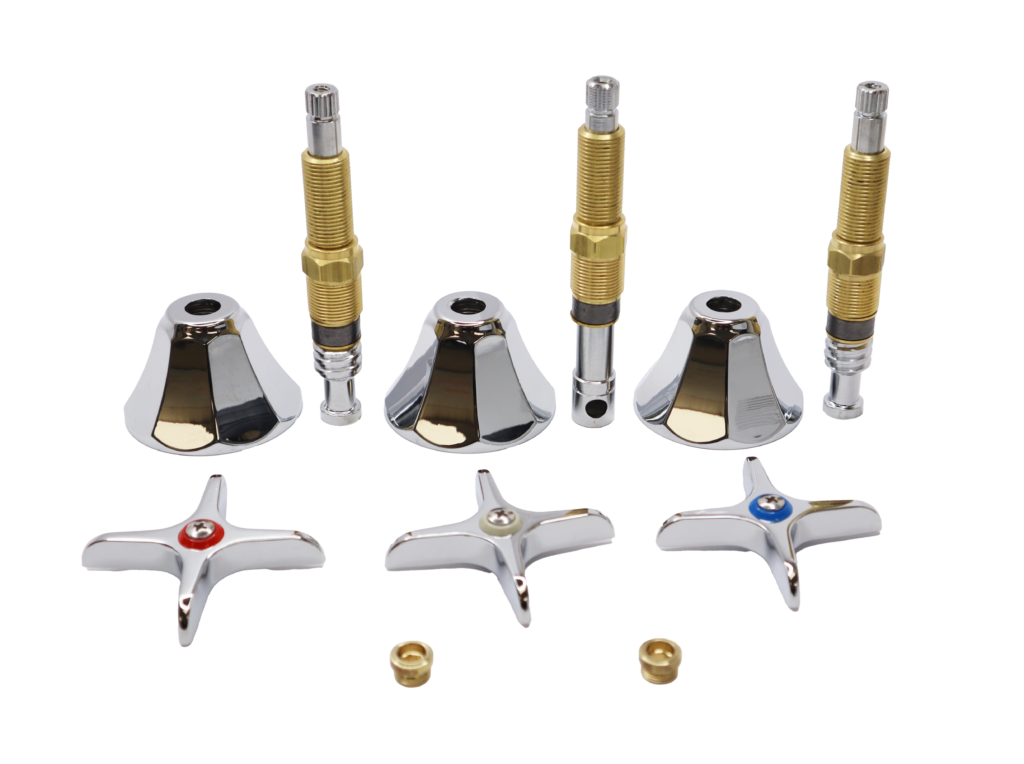 Polished chrome cross handles and escutcheons brass stem body with chrome stems brass seats.