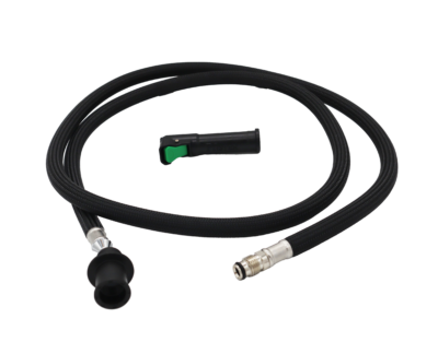 Briaded nylon hose with black plastic spray head connection polished chrome faucet connection with a black plastic quick connect fitting.