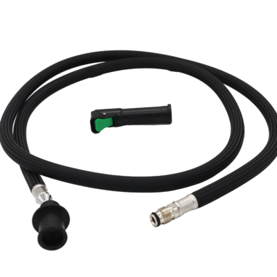 Briaded nylon hose with black plastic spray head connection polished chrome faucet connection with a black plastic quick connect fitting.
