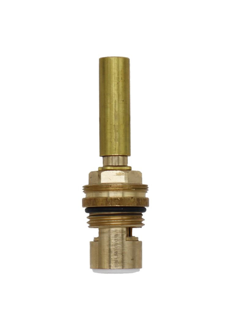 Bright brass cartridge with black rubber o-ring white ceramic discs and white bottom seal.