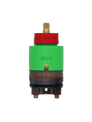 Green plastic cartridge with red limit stop with brass stem black rubber o-ring and red bottom seal.